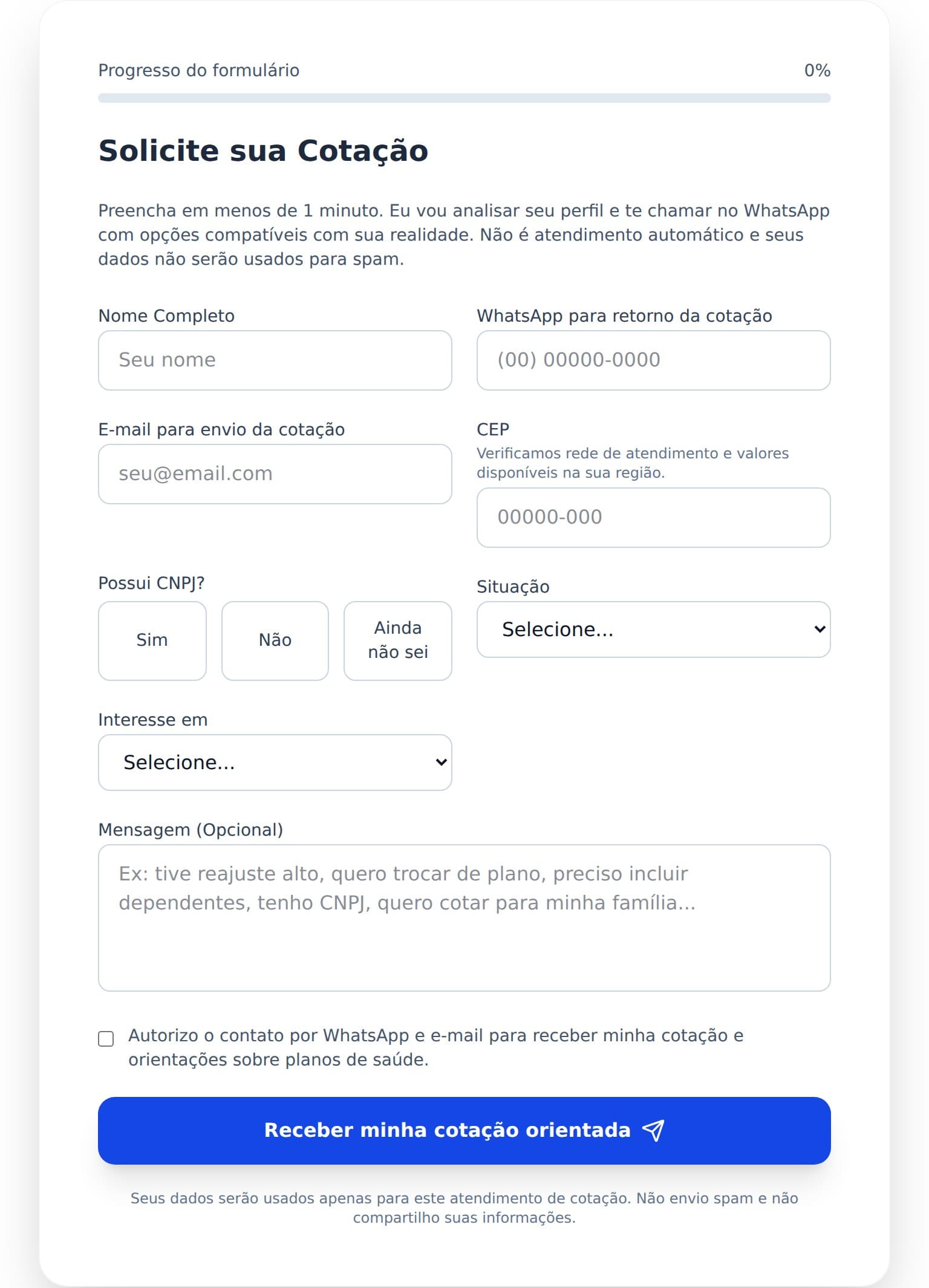 Formulário público de contato do site Corretor Caumo